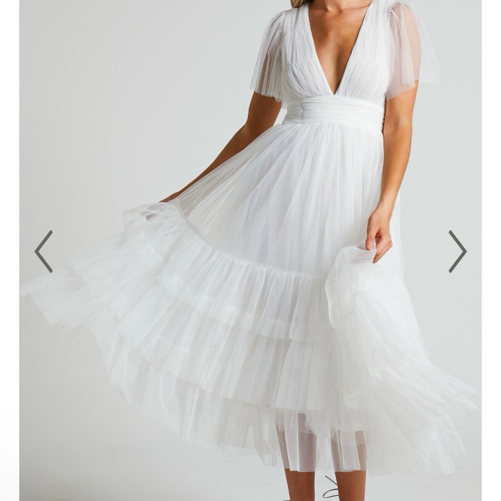 Showpo Jiraye Midi Dress - Flutter Sleeve Tuelle Plunge White
